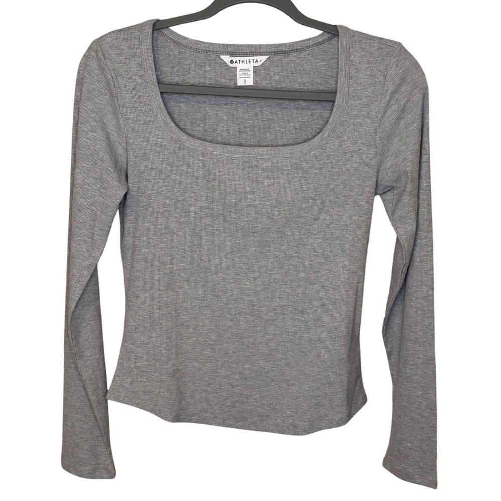 Athleta Top Rib Square Neck Grey Long Sleeve Fitted Small Athleisure NWT - Picture 2 of 8